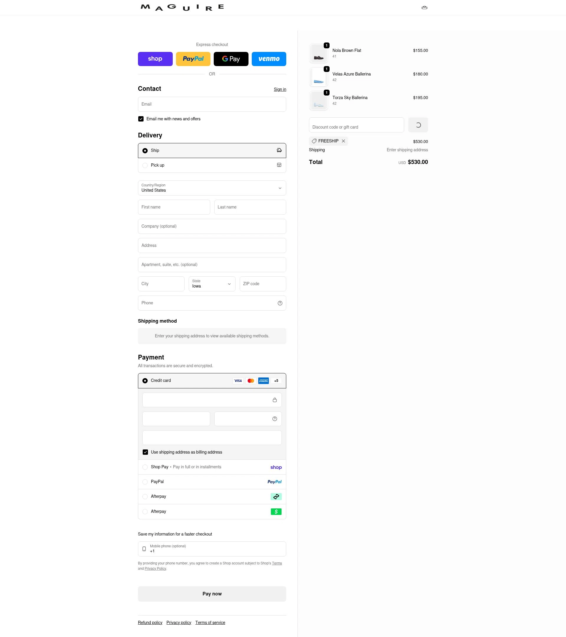 Maguire Shoes checkout page showing Maguire Shoes discount code box | Screenshot taken by SimplyCodes community member on Feb 18, 2026