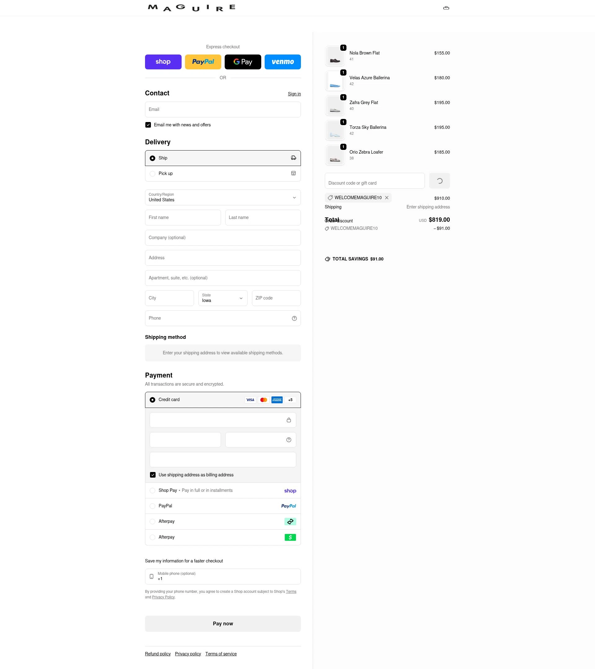 Maguire Shoes checkout page showing Maguire Shoes discount code box | Screenshot taken by SimplyCodes community member on Feb 5, 2026