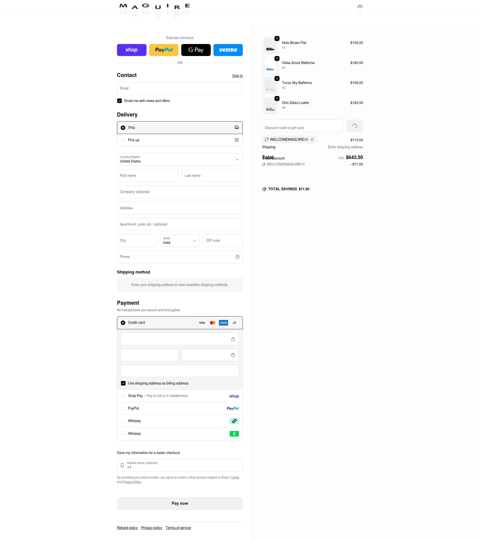Maguire Shoes checkout page showing Maguire Shoes discount code box | Screenshot taken by SimplyCodes community member on Feb 14, 2026