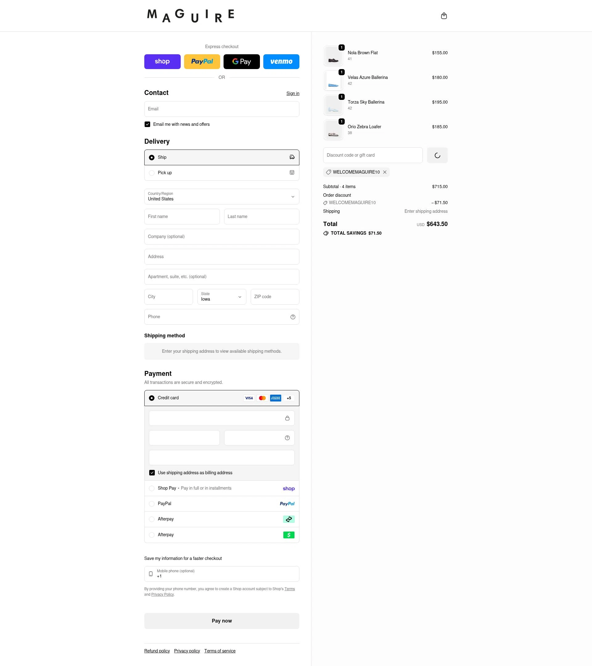 Maguire Shoes checkout page showing Maguire Shoes discount code box | Screenshot taken by SimplyCodes community member on Feb 9, 2026