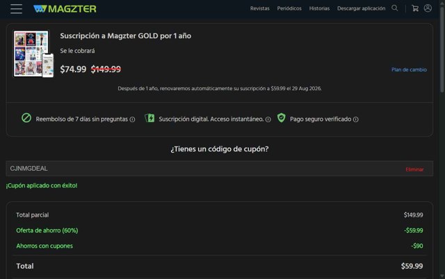 Magzter checkout page showing Magzter coupon code box | Screenshot taken by SimplyCodes community member on Aug 29, 2025