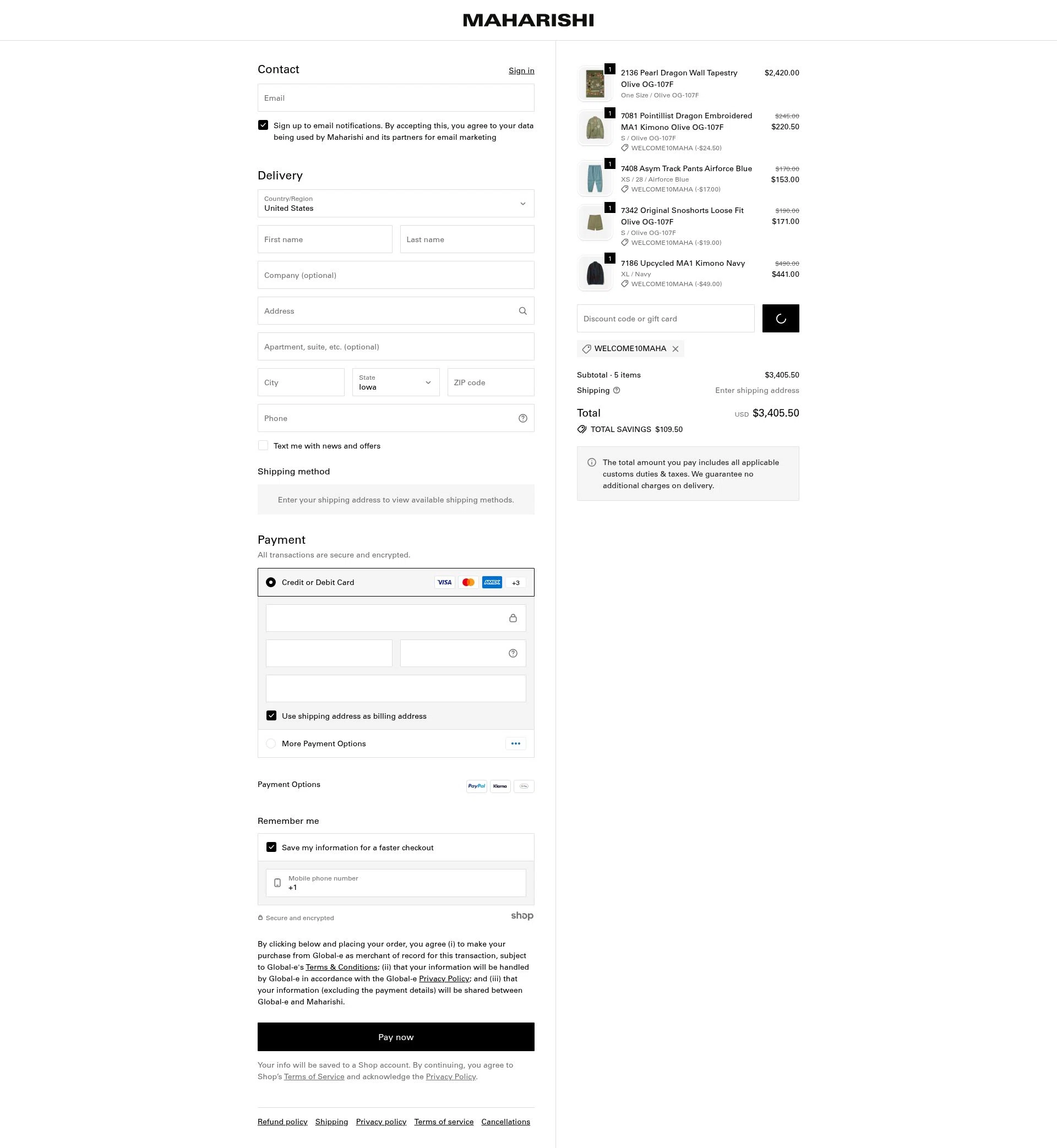 Maharishi checkout page showing Maharishi promo code box | Screenshot taken by SimplyCodes community member on Jan 21, 2026