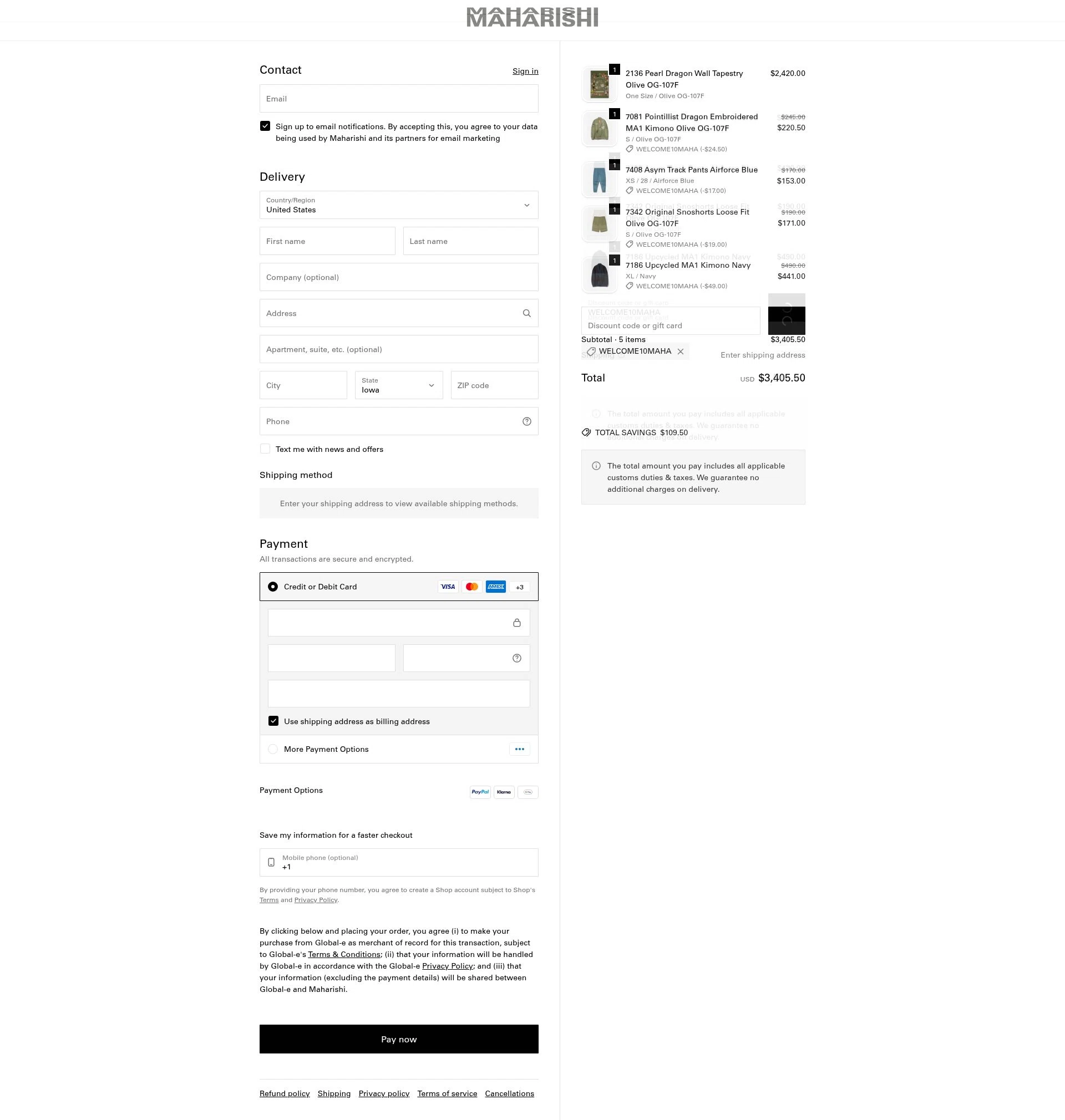 Maharishi checkout page showing Maharishi promo code box | Screenshot taken by SimplyCodes community member on Feb 8, 2026