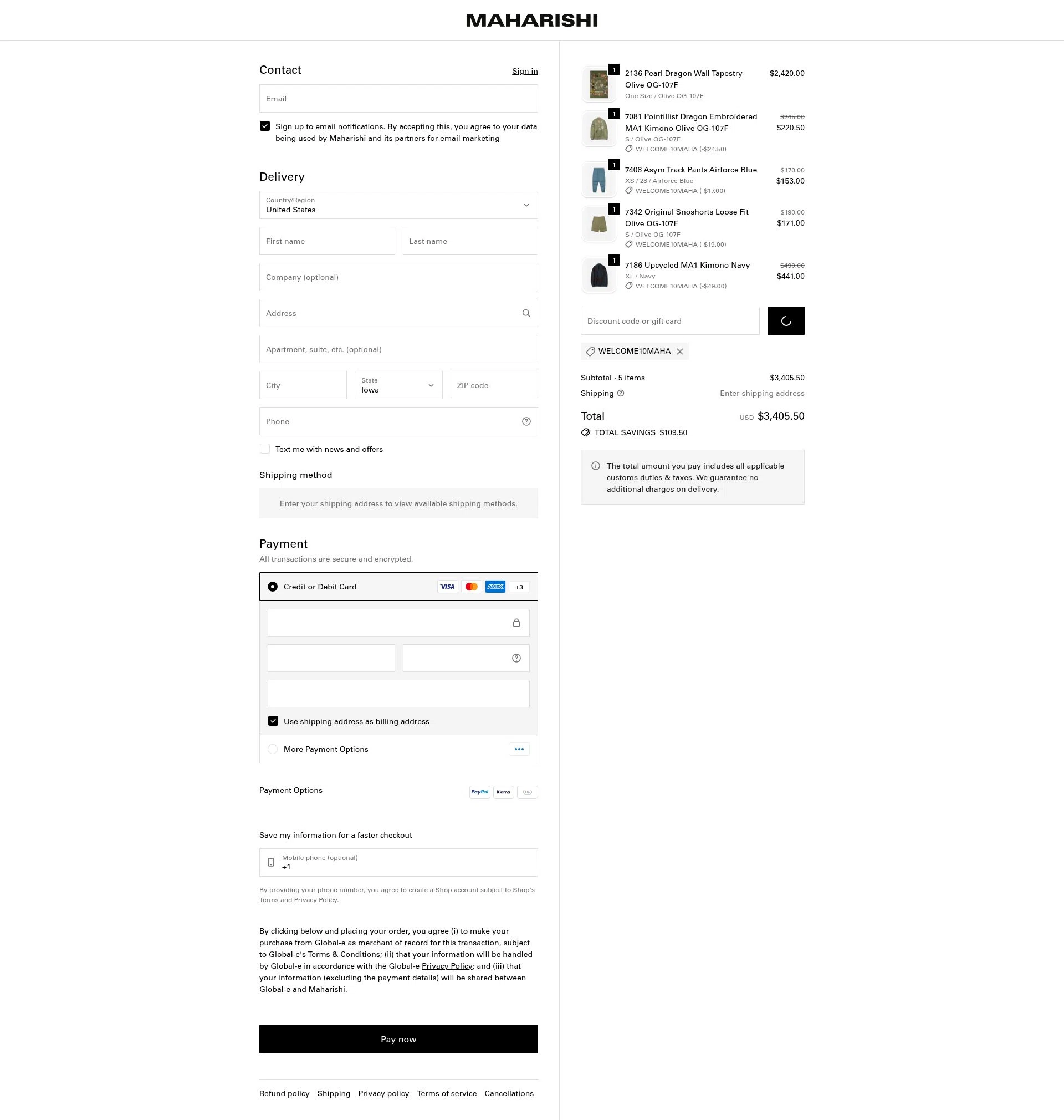 Maharishi checkout page showing Maharishi promo code box | Screenshot taken by SimplyCodes community member on Feb 4, 2026
