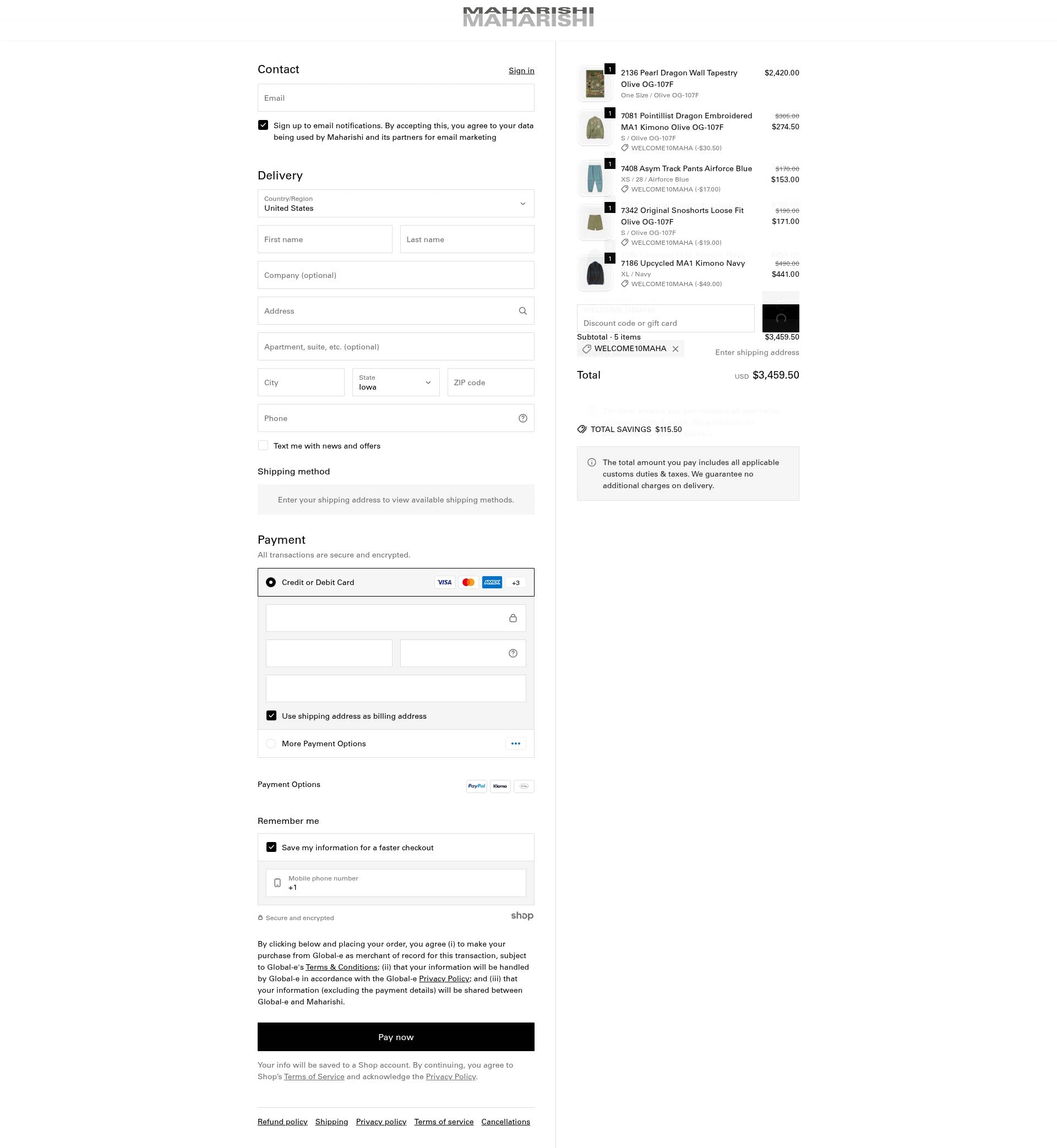 Maharishi checkout page showing Maharishi promo code box | Screenshot taken by SimplyCodes community member on Jan 16, 2026