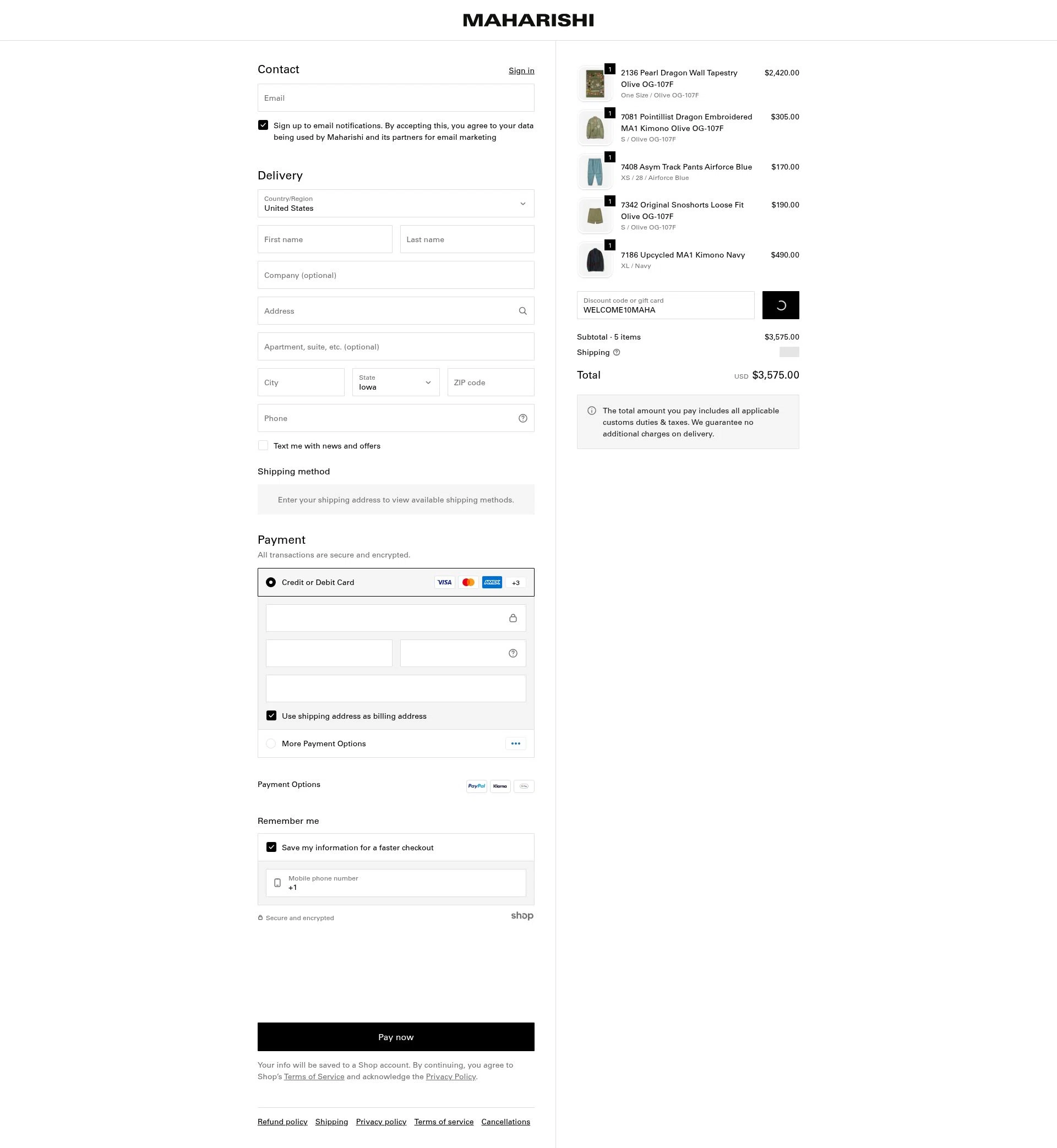 Maharishi checkout page showing Maharishi promo code box | Screenshot taken by SimplyCodes community member on Jan 11, 2026