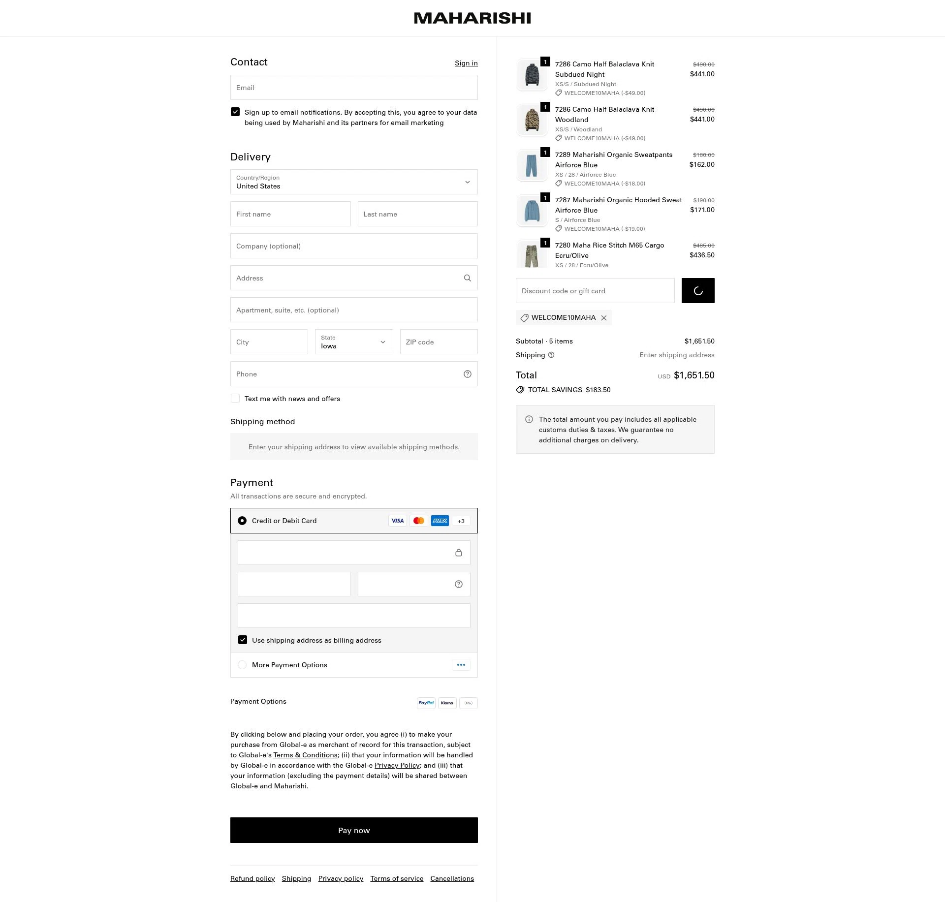 Maharishi checkout page showing Maharishi promo code box | Screenshot taken by SimplyCodes community member on Feb 12, 2026