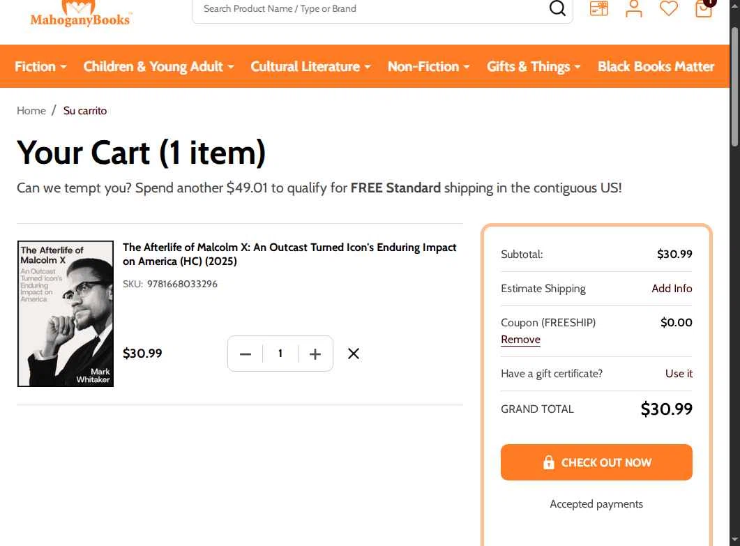 MahoganyBooks checkout page showing MahoganyBooks promo code box | Screenshot taken by SimplyCodes community member on May 19, 2025
