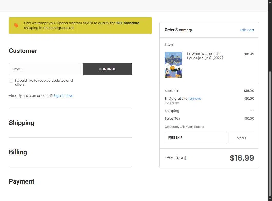 MahoganyBooks checkout page showing MahoganyBooks promo code box | Screenshot taken by SimplyCodes community member on May 19, 2025