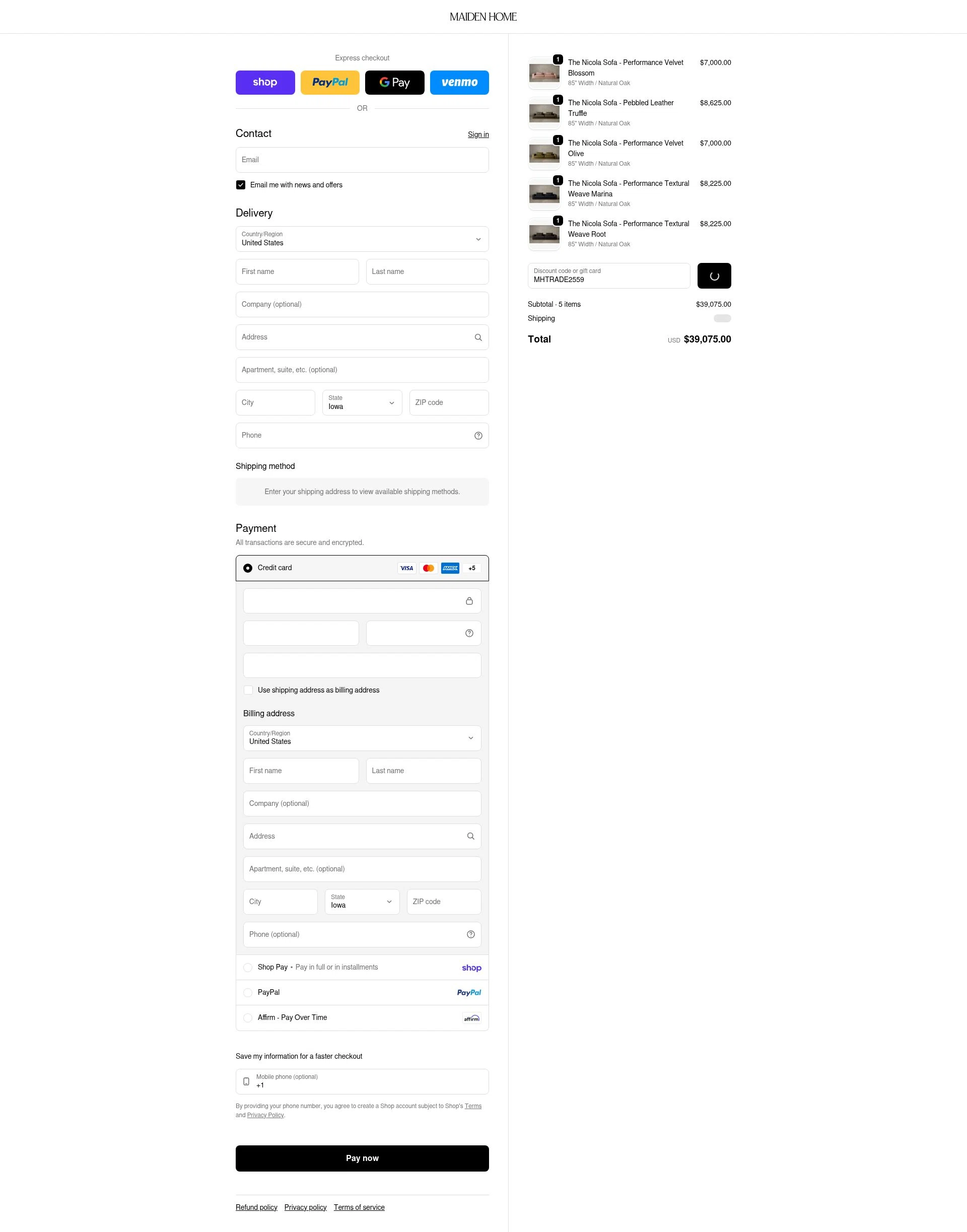 Maiden Home checkout page showing Maiden Home discount code box | Screenshot taken by SimplyCodes community member on Feb 3, 2026