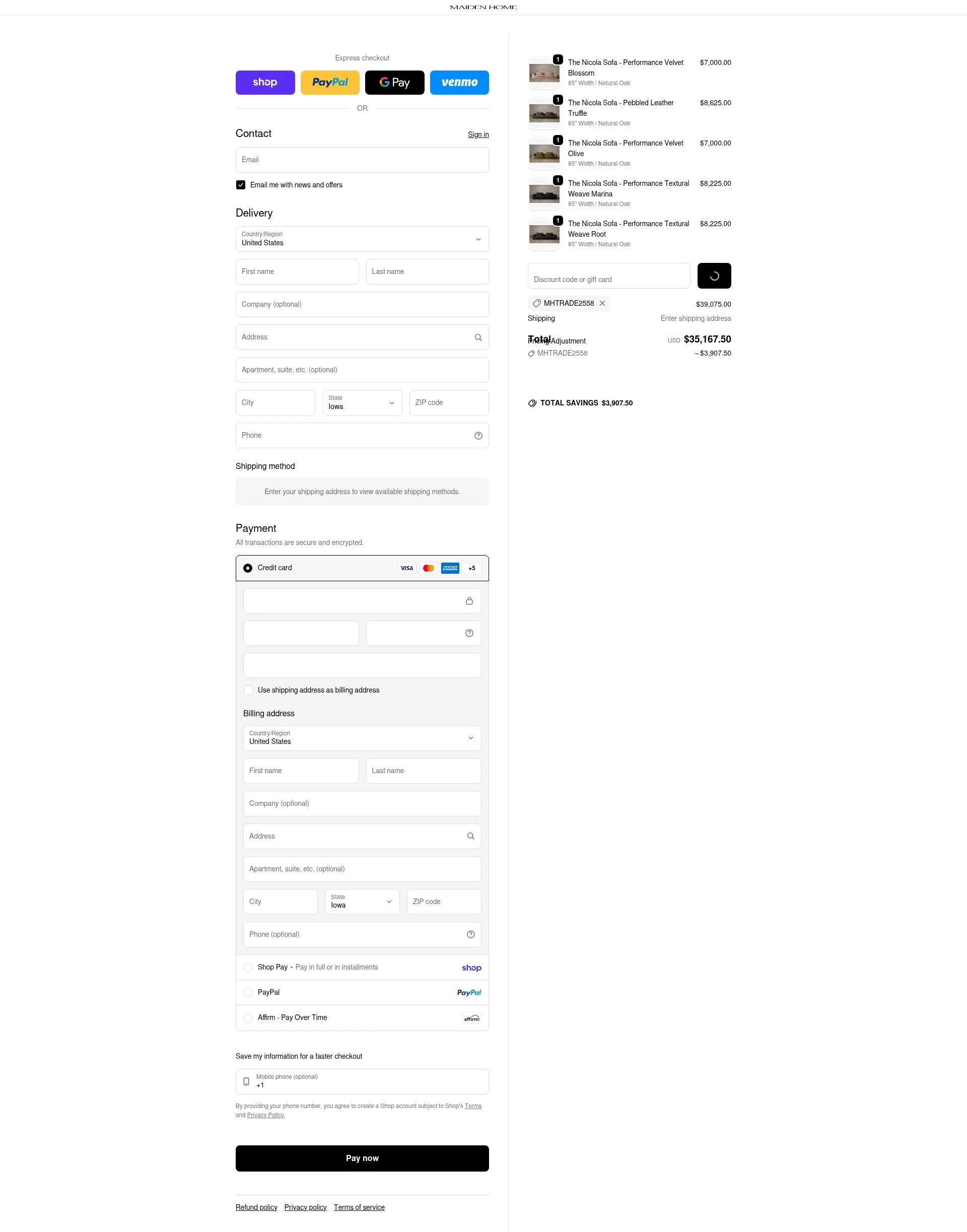 Maiden Home checkout page showing Maiden Home discount code box | Screenshot taken by SimplyCodes community member on Feb 7, 2026