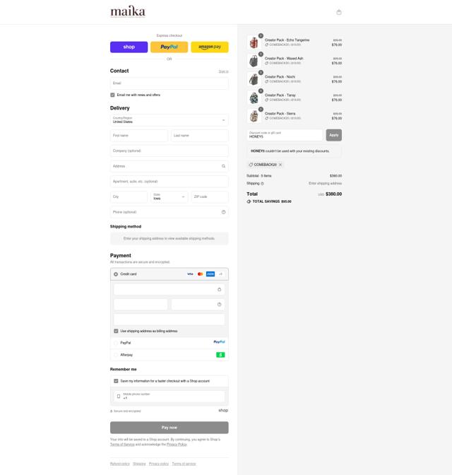 Maika checkout page showing Maika discount code box | Screenshot taken by SimplyCodes community member on Sep 10, 2025