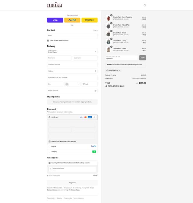 Maika checkout page showing Maika discount code box | Screenshot taken by SimplyCodes community member on Sep 10, 2025