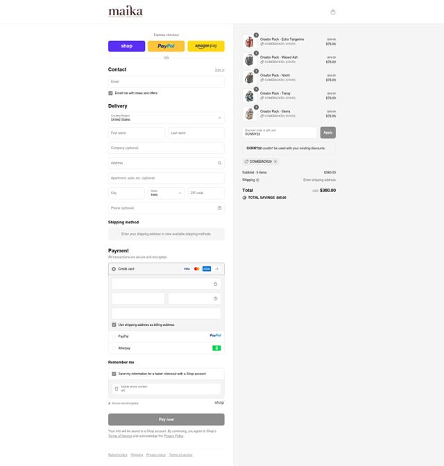 Maika checkout page showing Maika discount code box | Screenshot taken by SimplyCodes community member on Sep 10, 2025