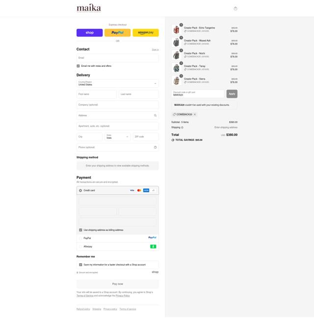 Maika checkout page showing Maika discount code box | Screenshot taken by SimplyCodes community member on Sep 10, 2025