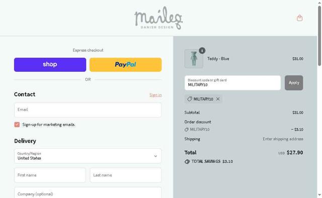 Maileg checkout page showing Maileg discount code box | Screenshot taken by SimplyCodes community member on Sep 10, 2025