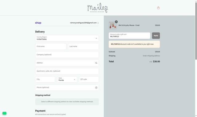 Maileg checkout page showing Maileg discount code box | Screenshot taken by SimplyCodes community member on Sep 13, 2025