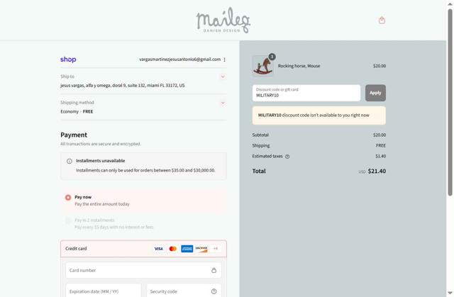 Maileg checkout page showing Maileg discount code box | Screenshot taken by SimplyCodes community member on Sep 6, 2025
