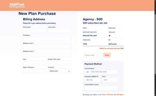 MailPoet checkout page showing MailPoet coupon code box | Screenshot taken by SimplyCodes community member on Jun 4, 2025