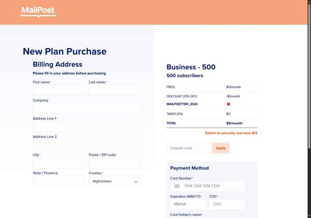 MailPoet checkout page showing MailPoet coupon code box | Screenshot taken by SimplyCodes community member on Jun 4, 2025