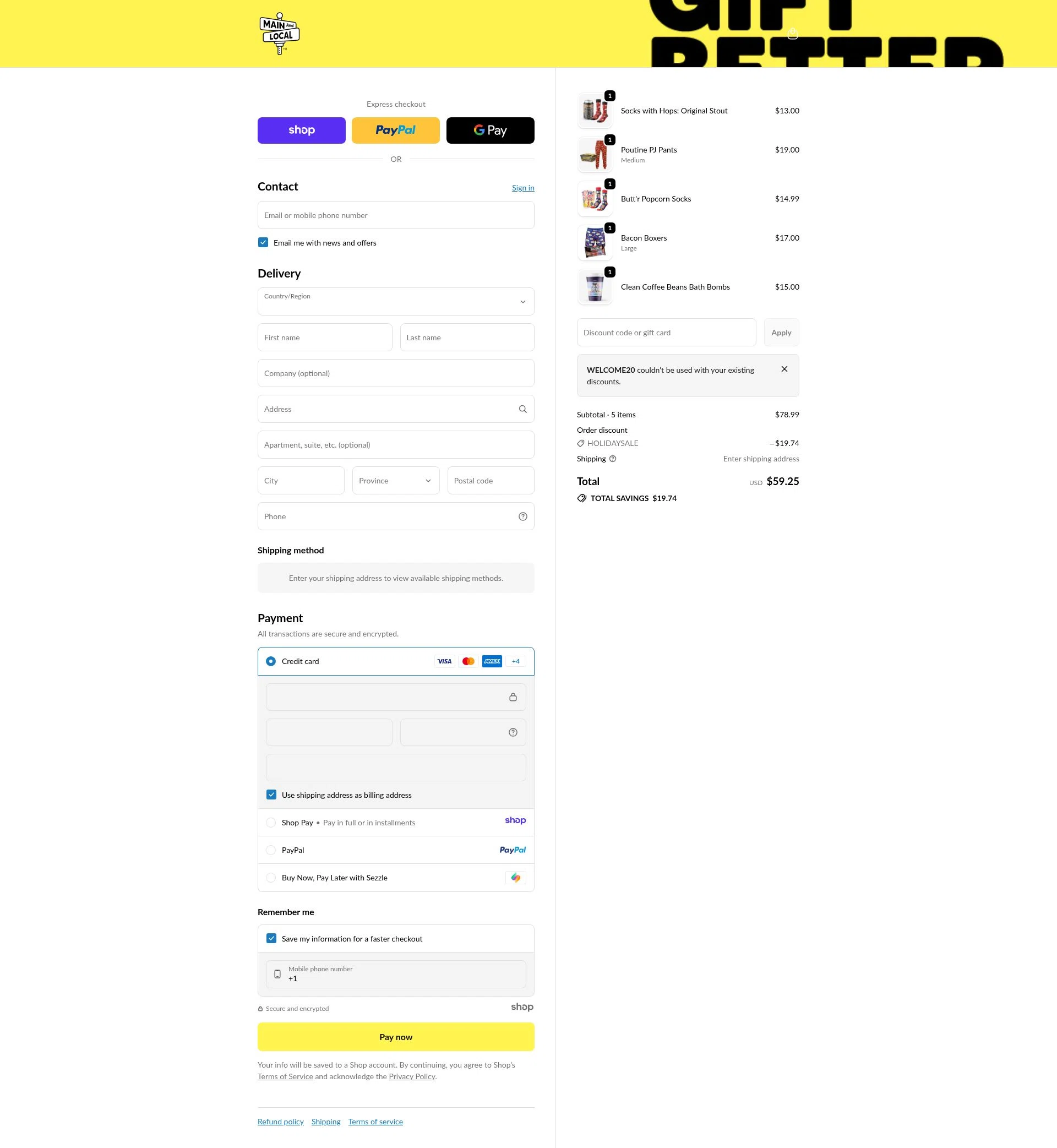Main and Local checkout page showing Main and Local promo code box | Screenshot taken by SimplyCodes community member on Jan 3, 2026