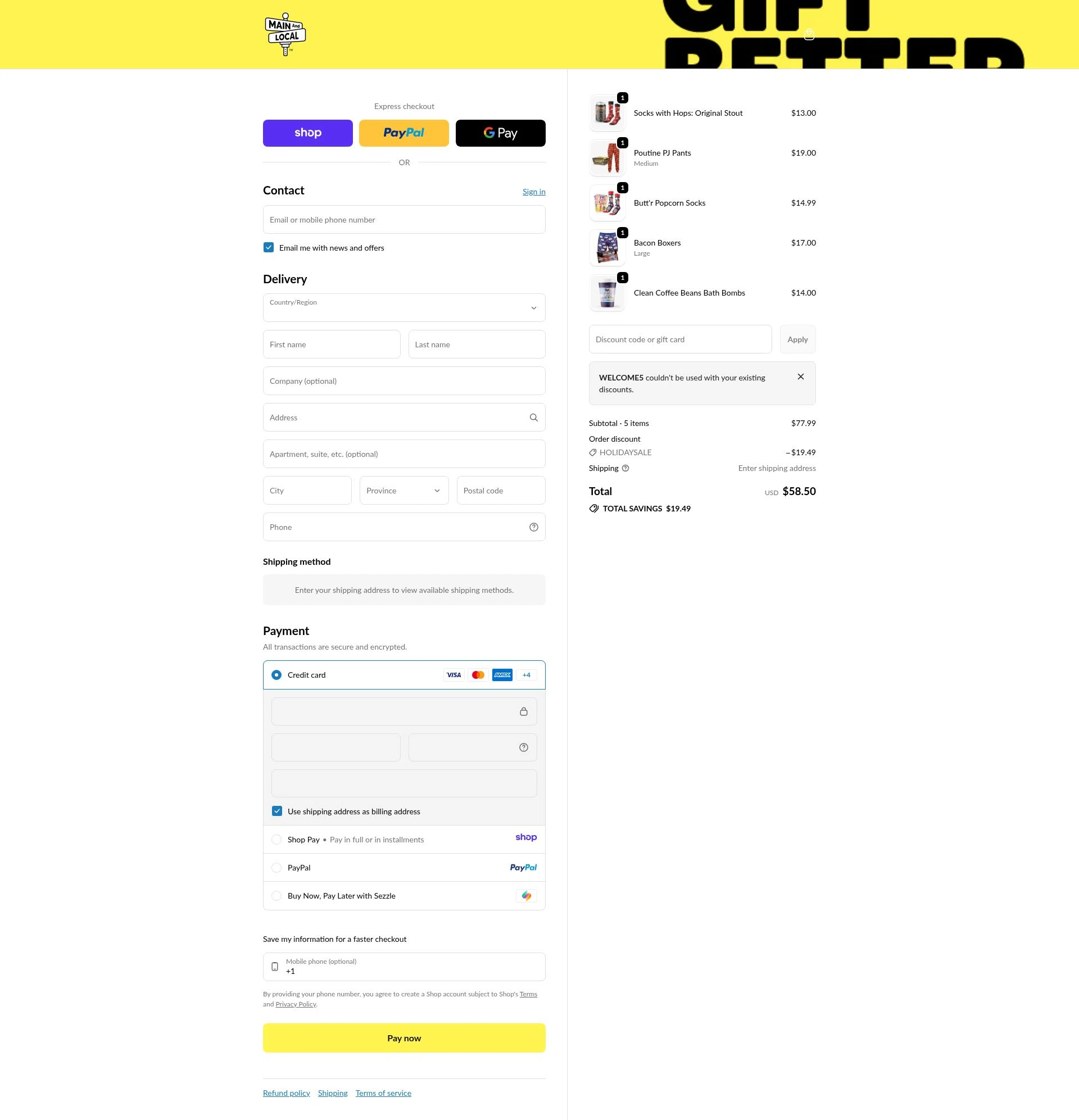 Main and Local checkout page showing Main and Local promo code box | Screenshot taken by SimplyCodes community member on Jan 8, 2026