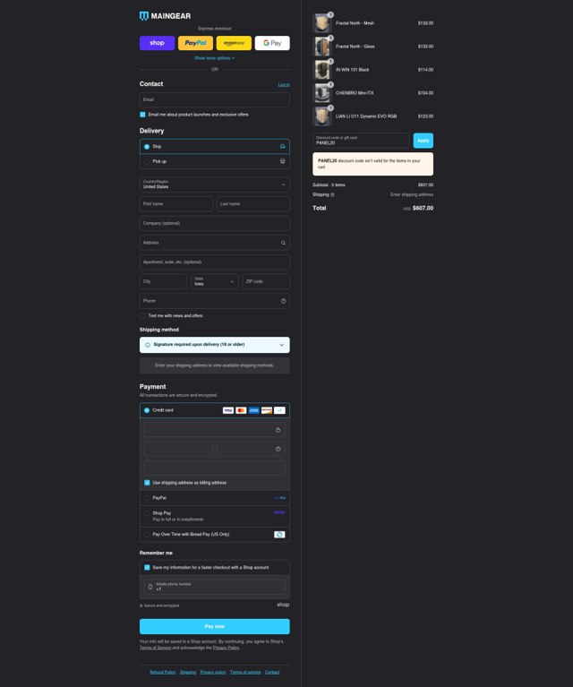 Maingear checkout page showing Maingear discount code box | Screenshot taken by SimplyCodes community member on Aug 29, 2025