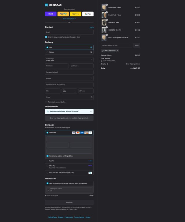 Maingear checkout page showing Maingear discount code box | Screenshot taken by SimplyCodes community member on Aug 29, 2025