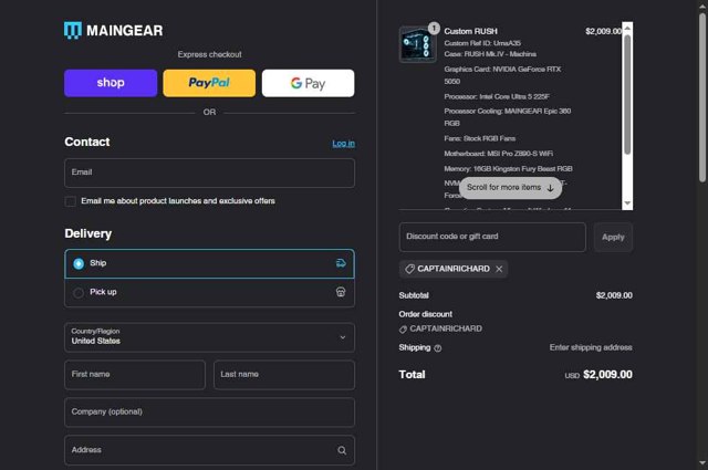 Maingear checkout page showing Maingear discount code box | Screenshot taken by SimplyCodes community member on Sep 1, 2025