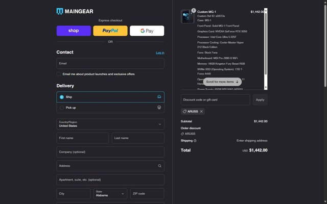 Maingear checkout page showing Maingear discount code box | Screenshot taken by SimplyCodes community member on Aug 31, 2025