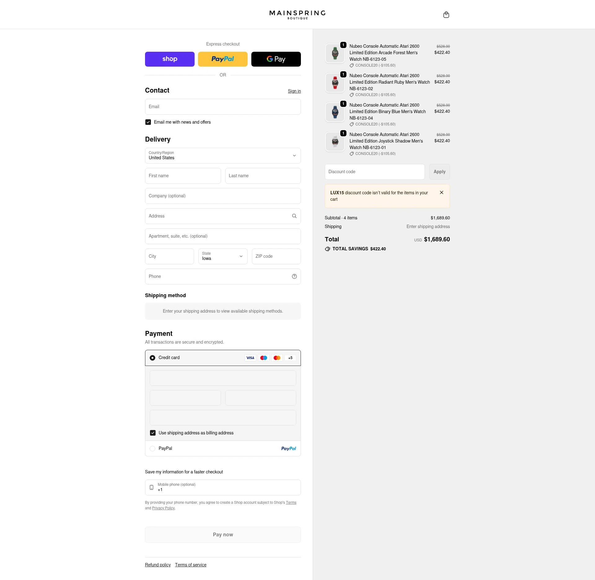 Mainspring Boutique checkout page showing Mainspring Boutique discount code box | Screenshot taken by SimplyCodes community member on Feb 7, 2026