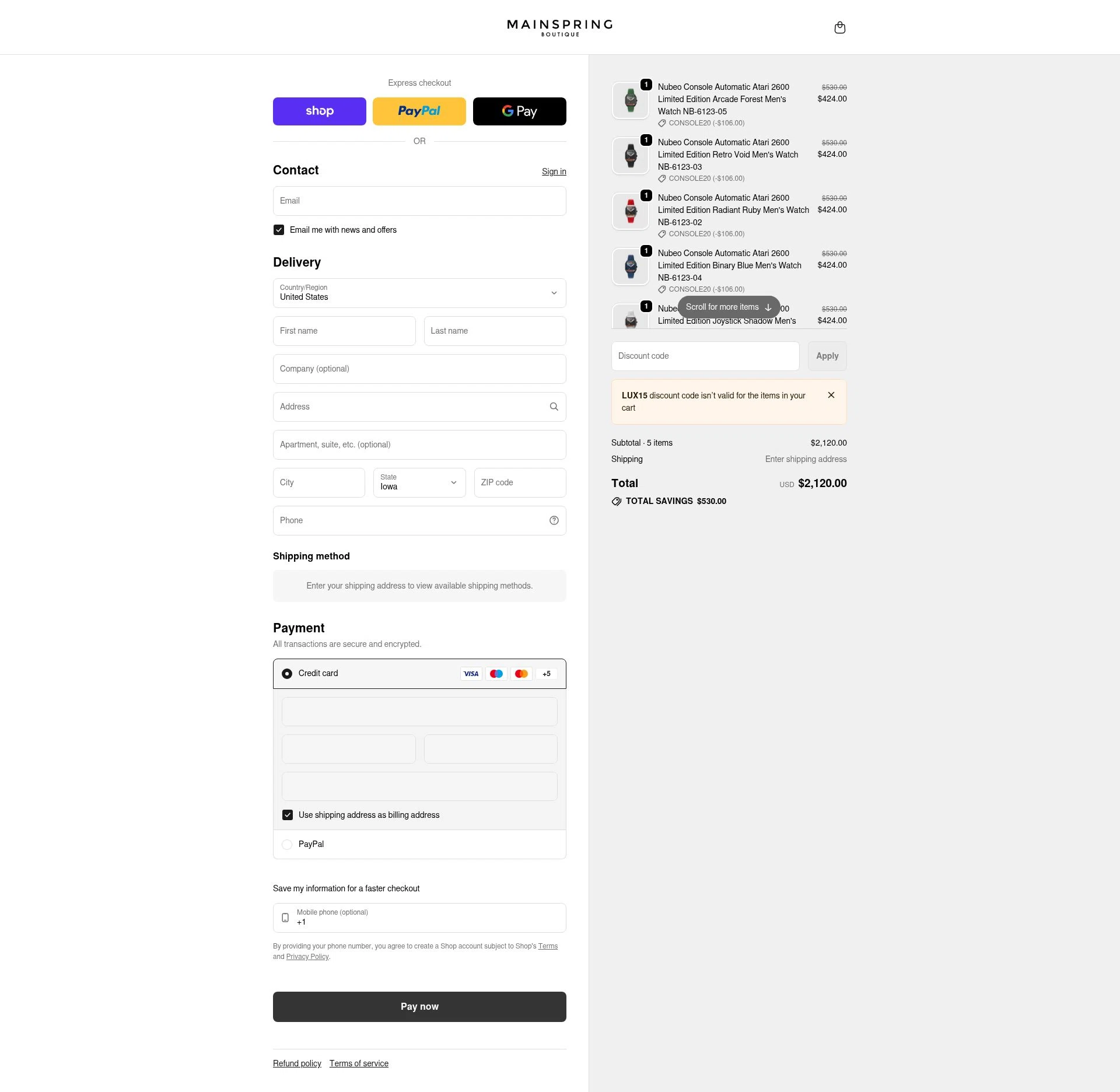 Mainspring Boutique checkout page showing Mainspring Boutique discount code box | Screenshot taken by SimplyCodes community member on Feb 2, 2026