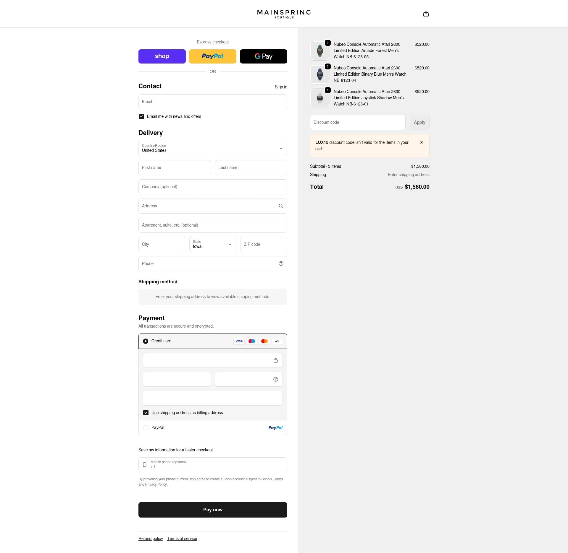 Mainspring Boutique checkout page showing Mainspring Boutique discount code box | Screenshot taken by SimplyCodes community member on Feb 24, 2026