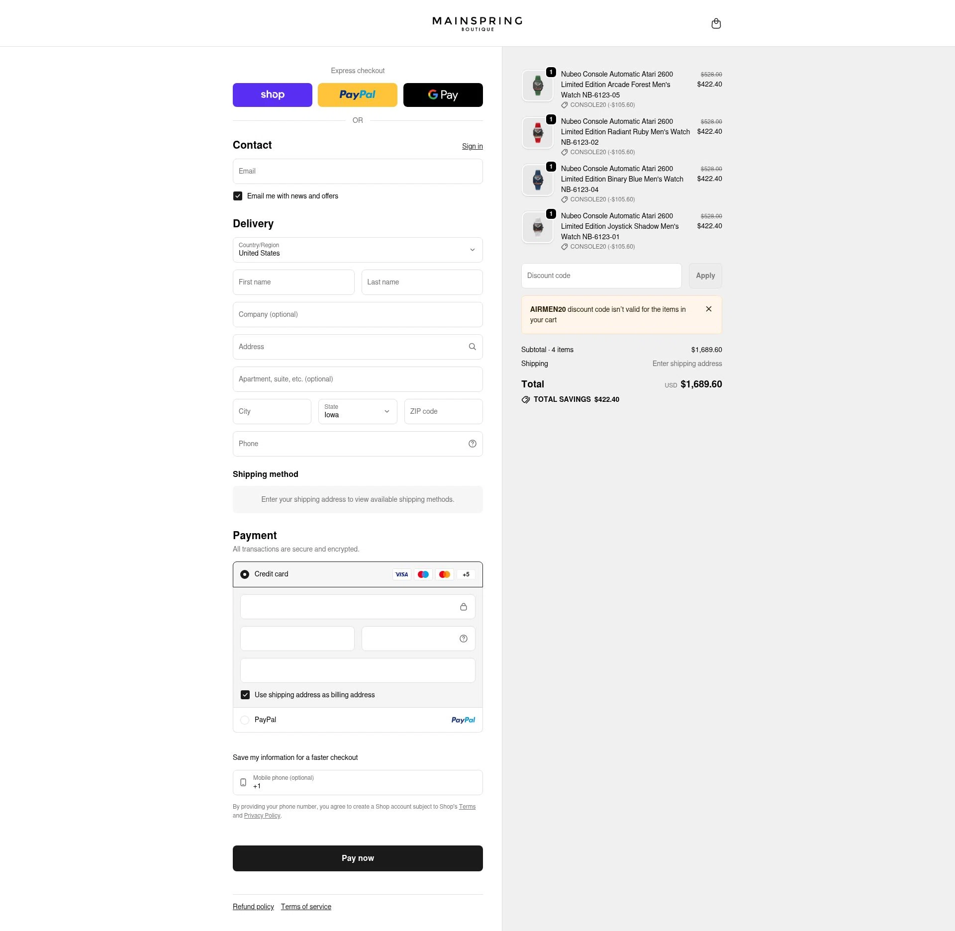 Mainspring Boutique checkout page showing Mainspring Boutique discount code box | Screenshot taken by SimplyCodes community member on Feb 7, 2026
