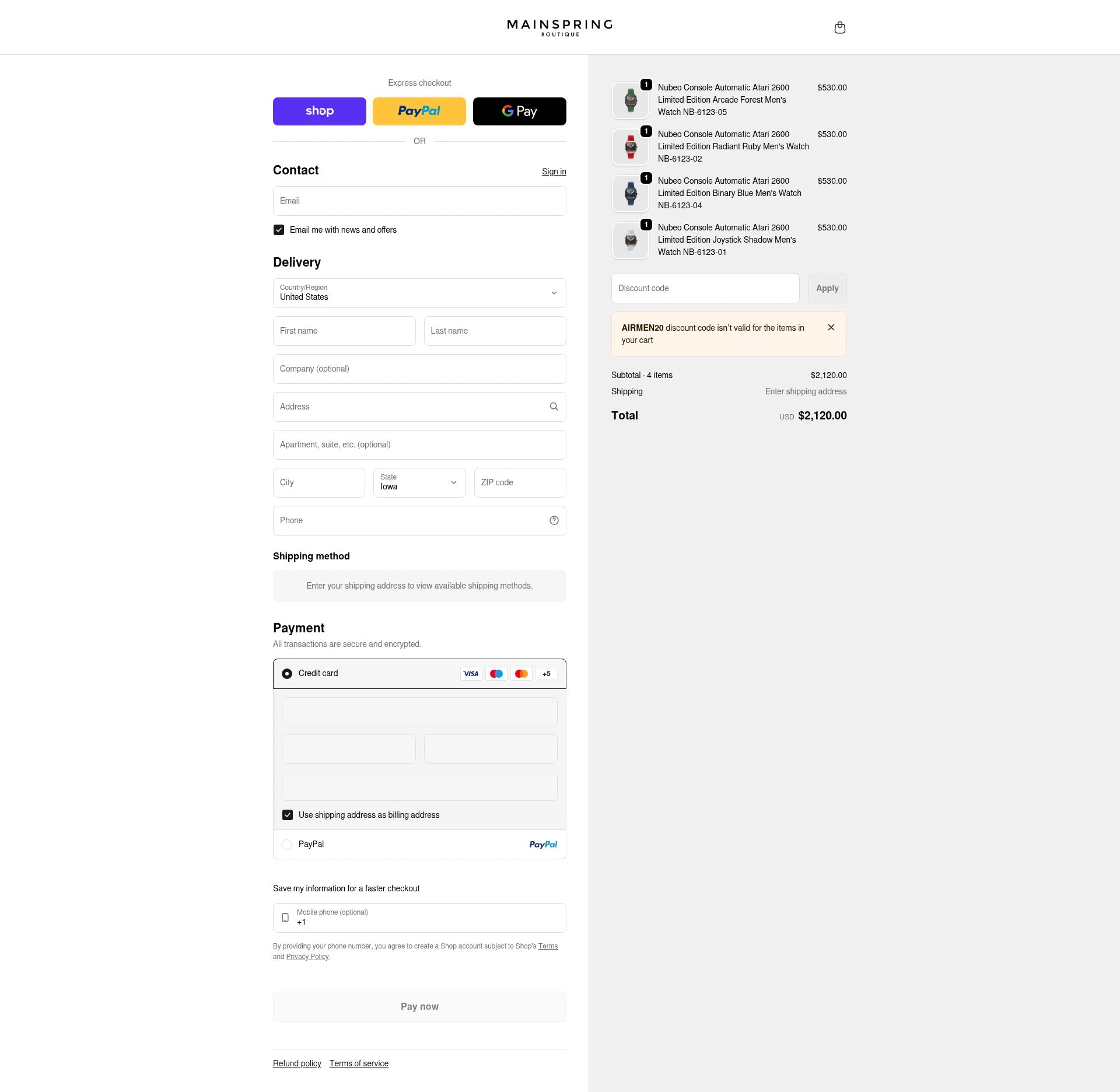 Mainspring Boutique checkout page showing Mainspring Boutique discount code box | Screenshot taken by SimplyCodes community member on Feb 11, 2026