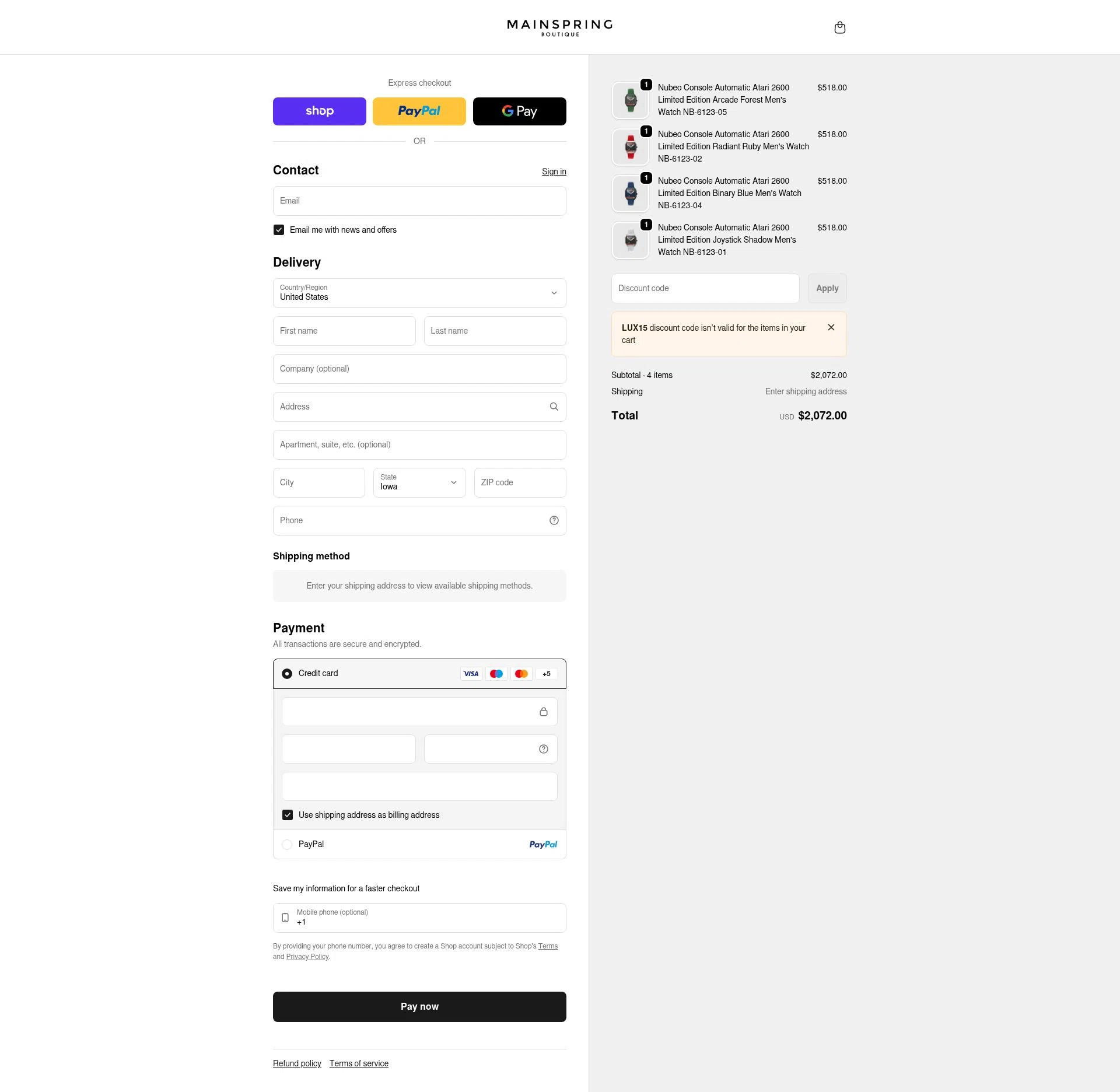 Mainspring Boutique checkout page showing Mainspring Boutique discount code box | Screenshot taken by SimplyCodes community member on Feb 20, 2026