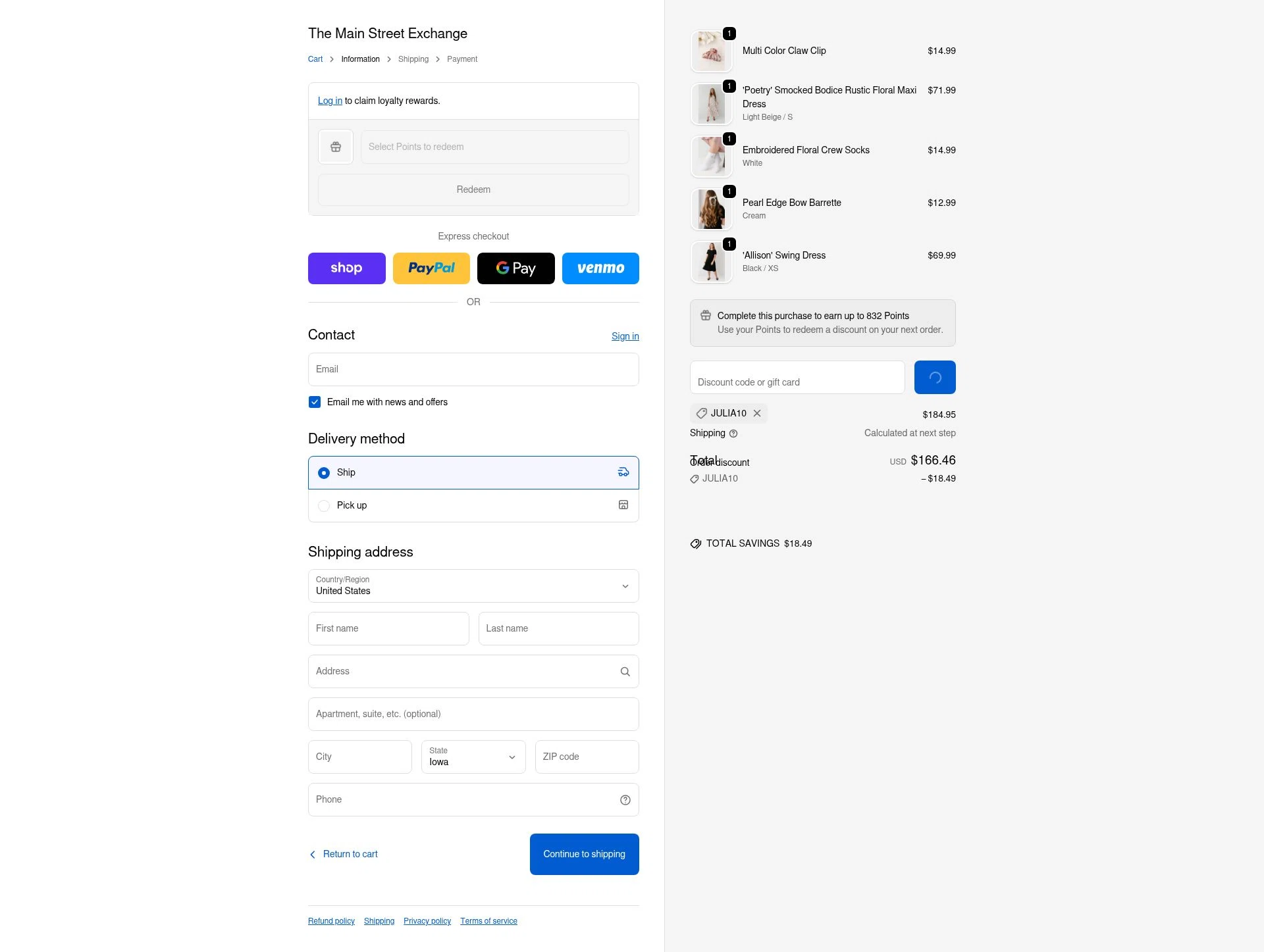 Main Street Exchange checkout page showing Main Street Exchange coupon code box | Screenshot taken by SimplyCodes community member on Feb 14, 2026