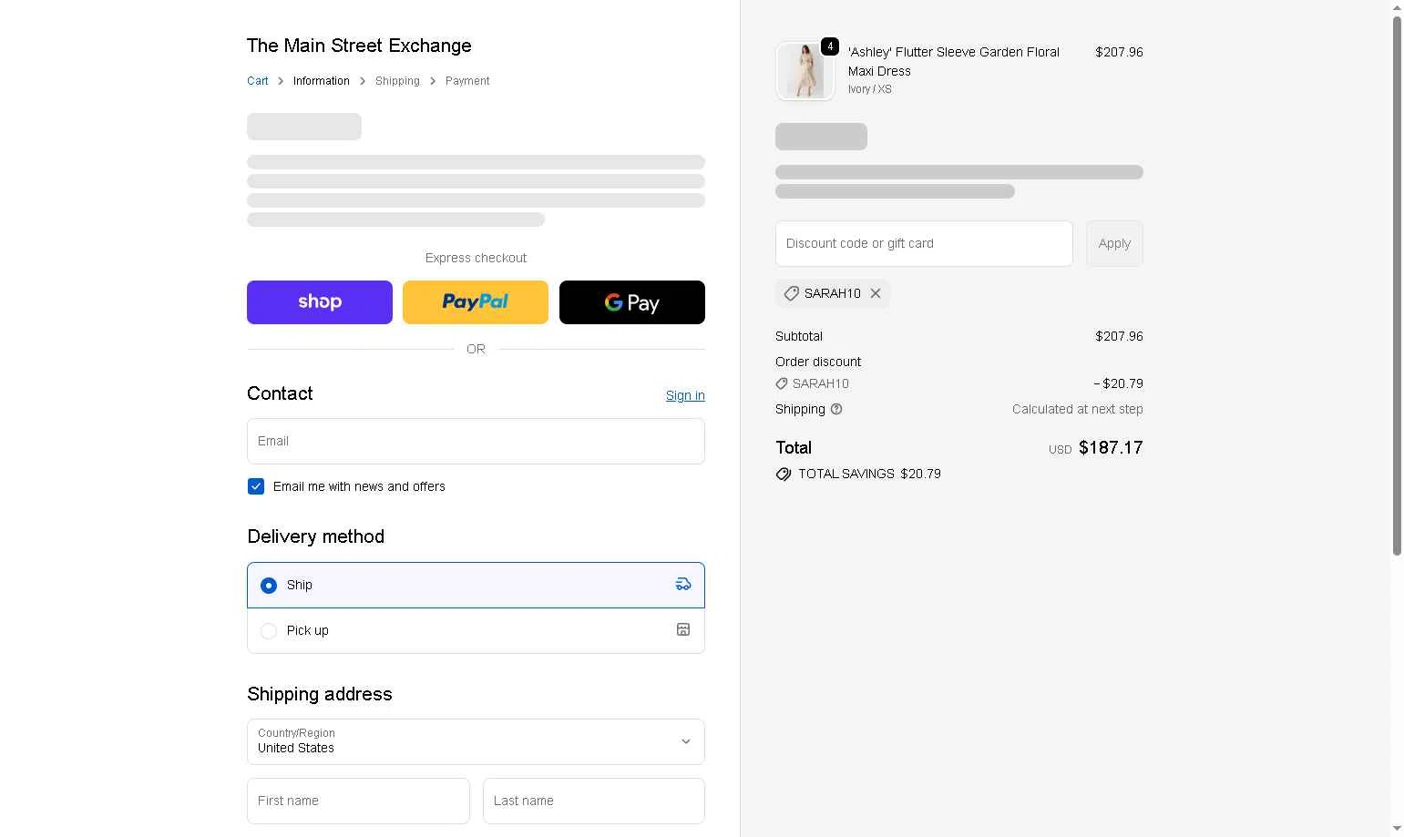 Main Street Exchange checkout page showing Main Street Exchange coupon code box | Screenshot taken by SimplyCodes community member on Feb 16, 2026
