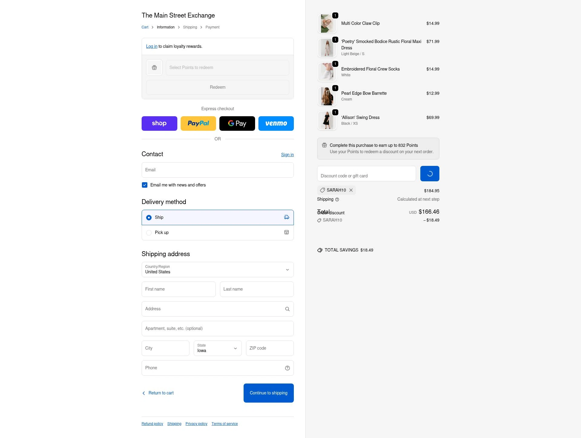 Main Street Exchange checkout page showing Main Street Exchange coupon code box | Screenshot taken by SimplyCodes community member on Feb 10, 2026