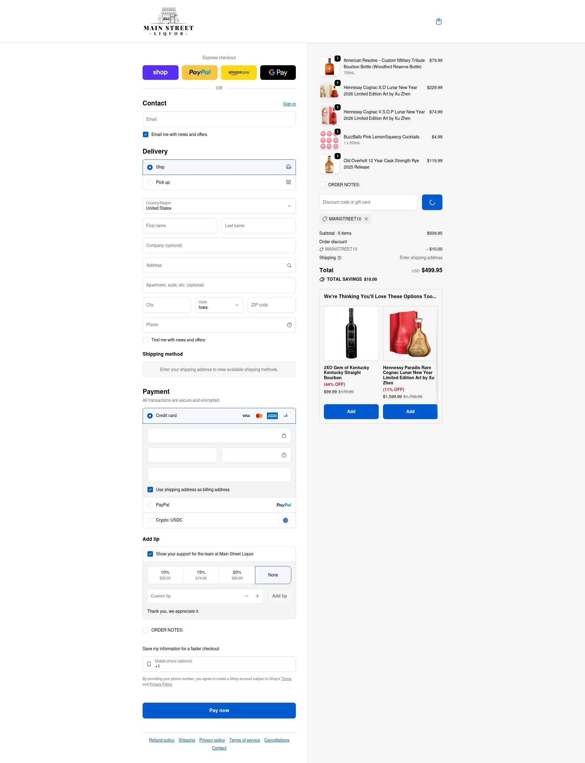 Main Street Liquor checkout page showing Main Street Liquor discount code box | Screenshot taken by SimplyCodes community member on Feb 5, 2026