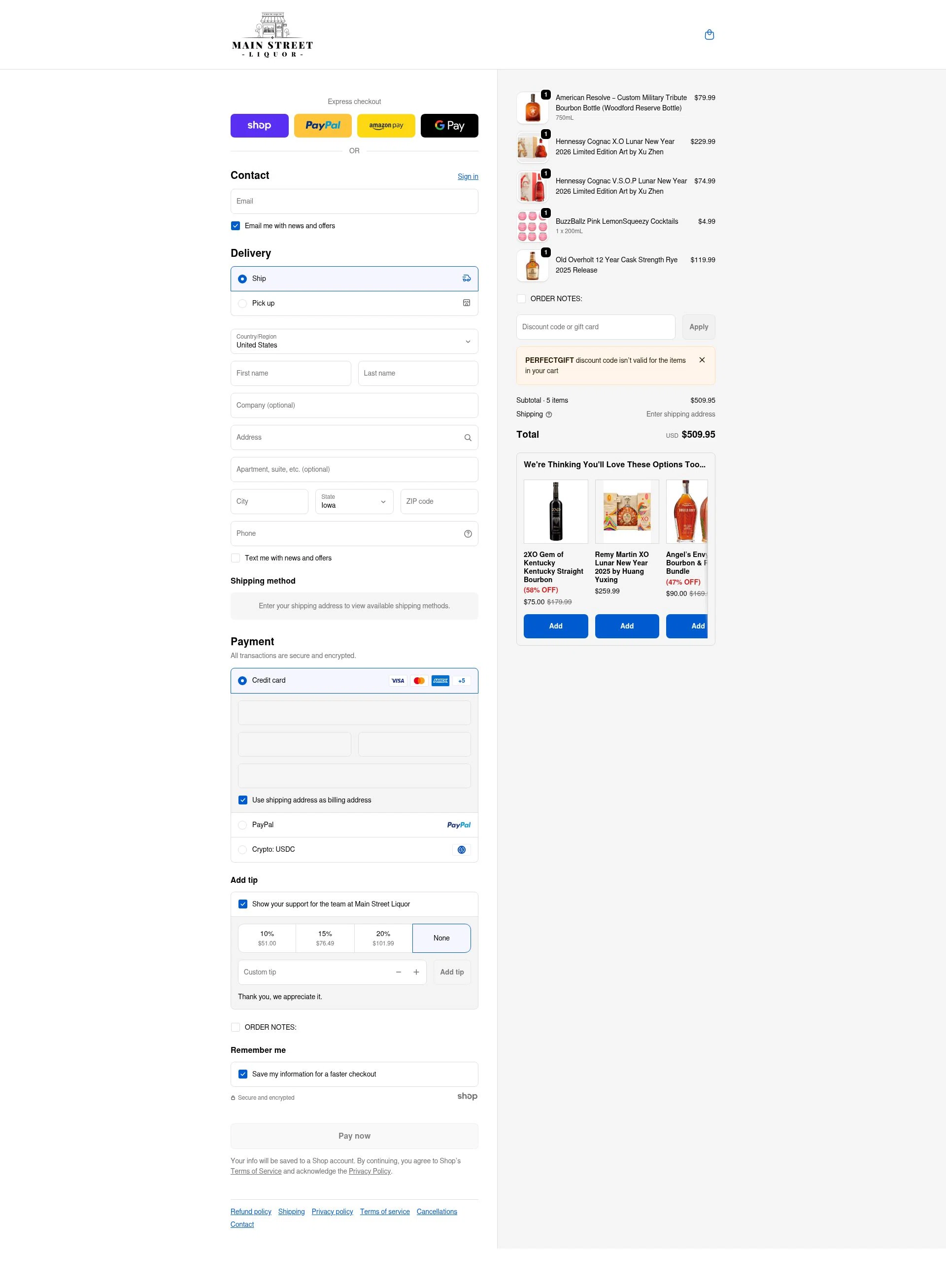 Main Street Liquor checkout page showing Main Street Liquor discount code box | Screenshot taken by SimplyCodes community member on Jan 28, 2026