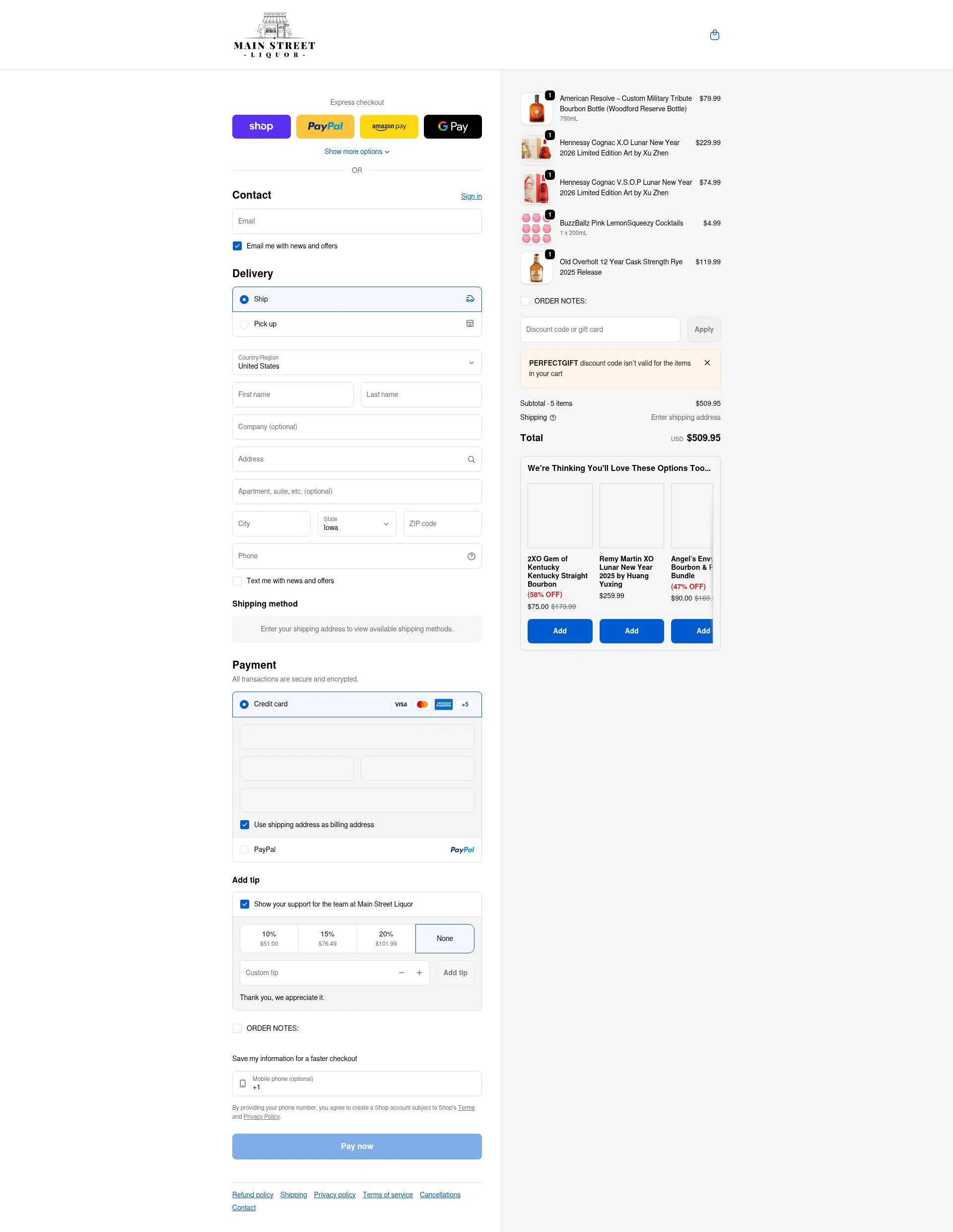 Main Street Liquor checkout page showing Main Street Liquor discount code box | Screenshot taken by SimplyCodes community member on Jan 13, 2026