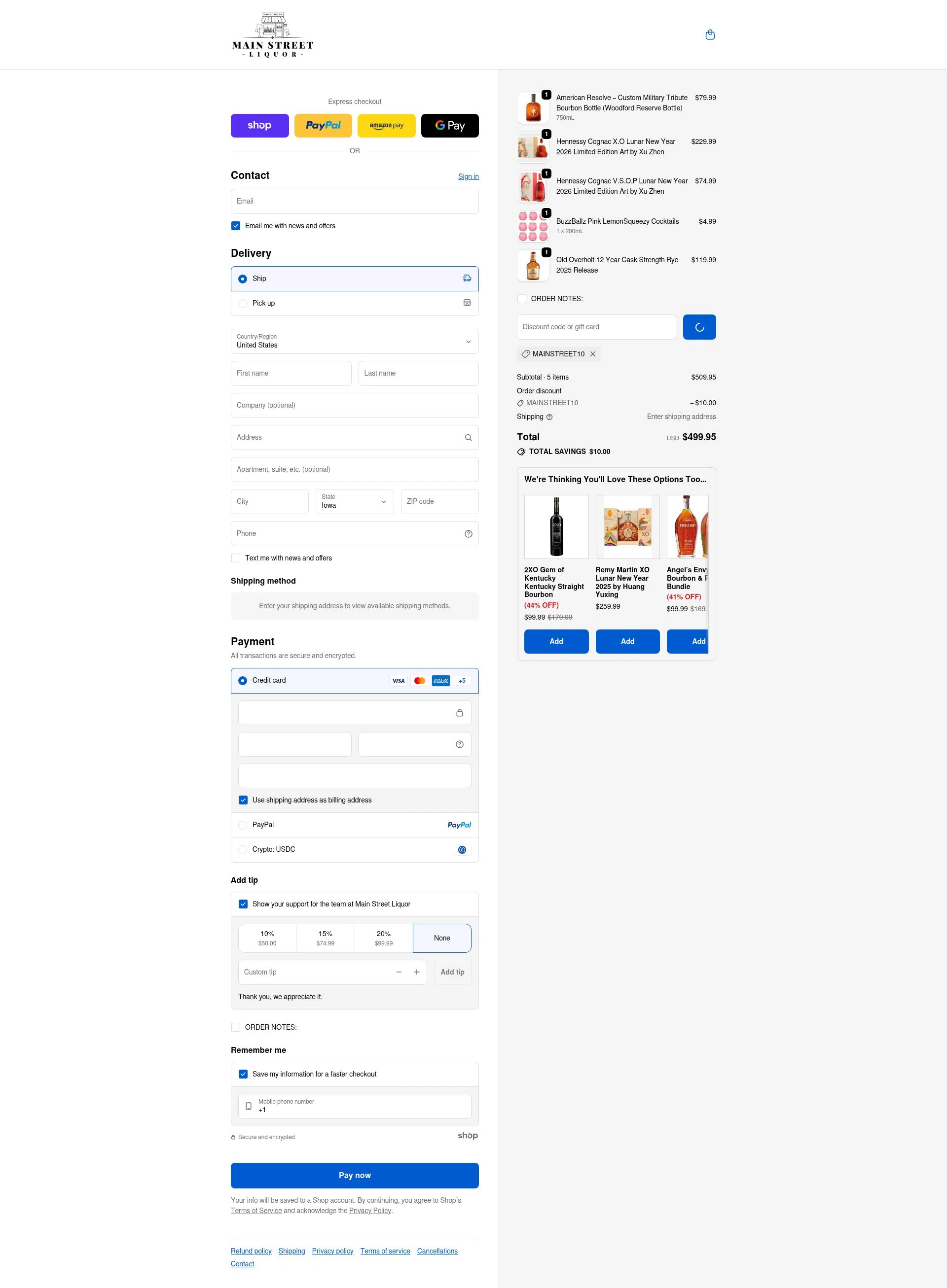 Main Street Liquor checkout page showing Main Street Liquor discount code box | Screenshot taken by SimplyCodes community member on Jan 23, 2026