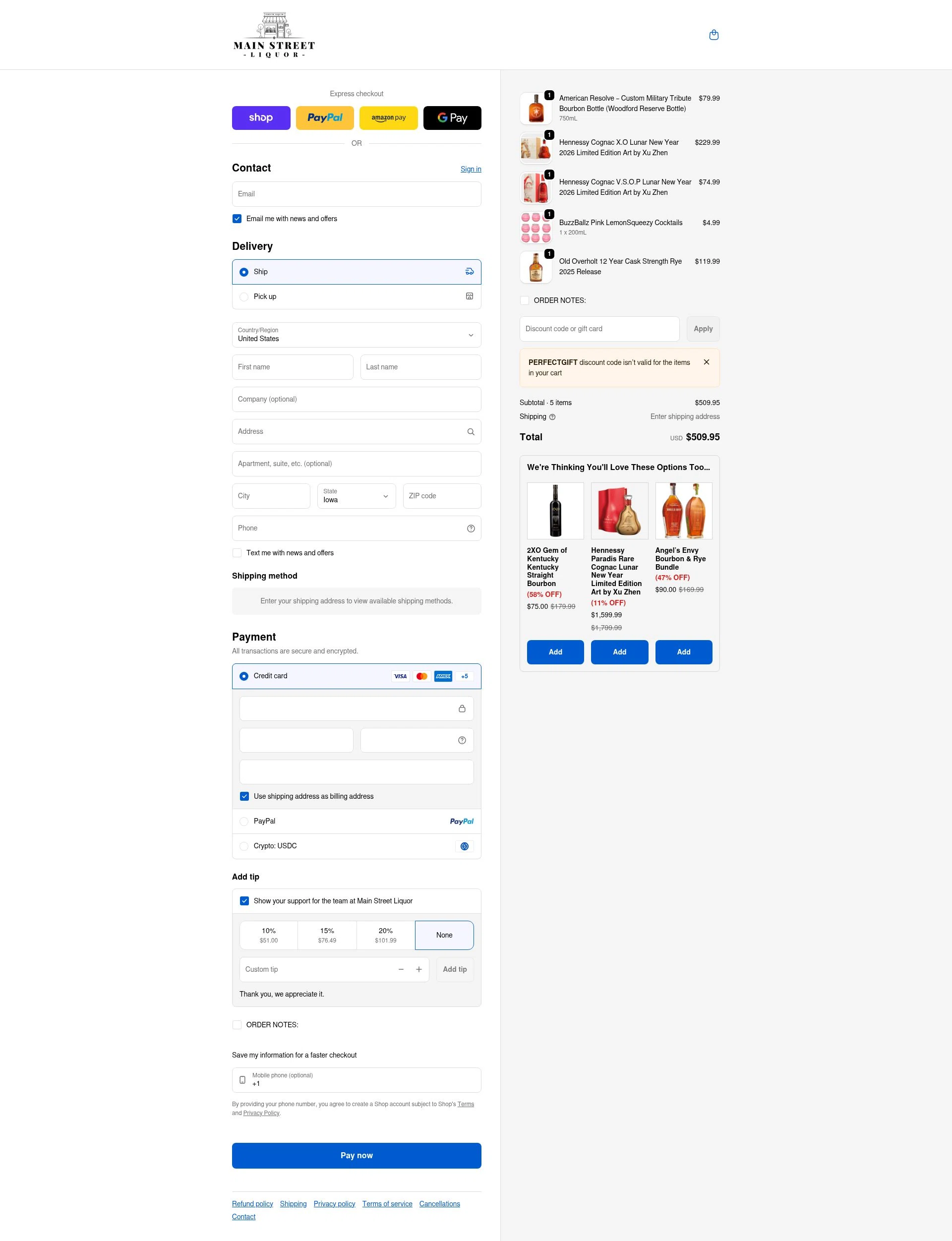 Main Street Liquor checkout page showing Main Street Liquor discount code box | Screenshot taken by SimplyCodes community member on Feb 1, 2026