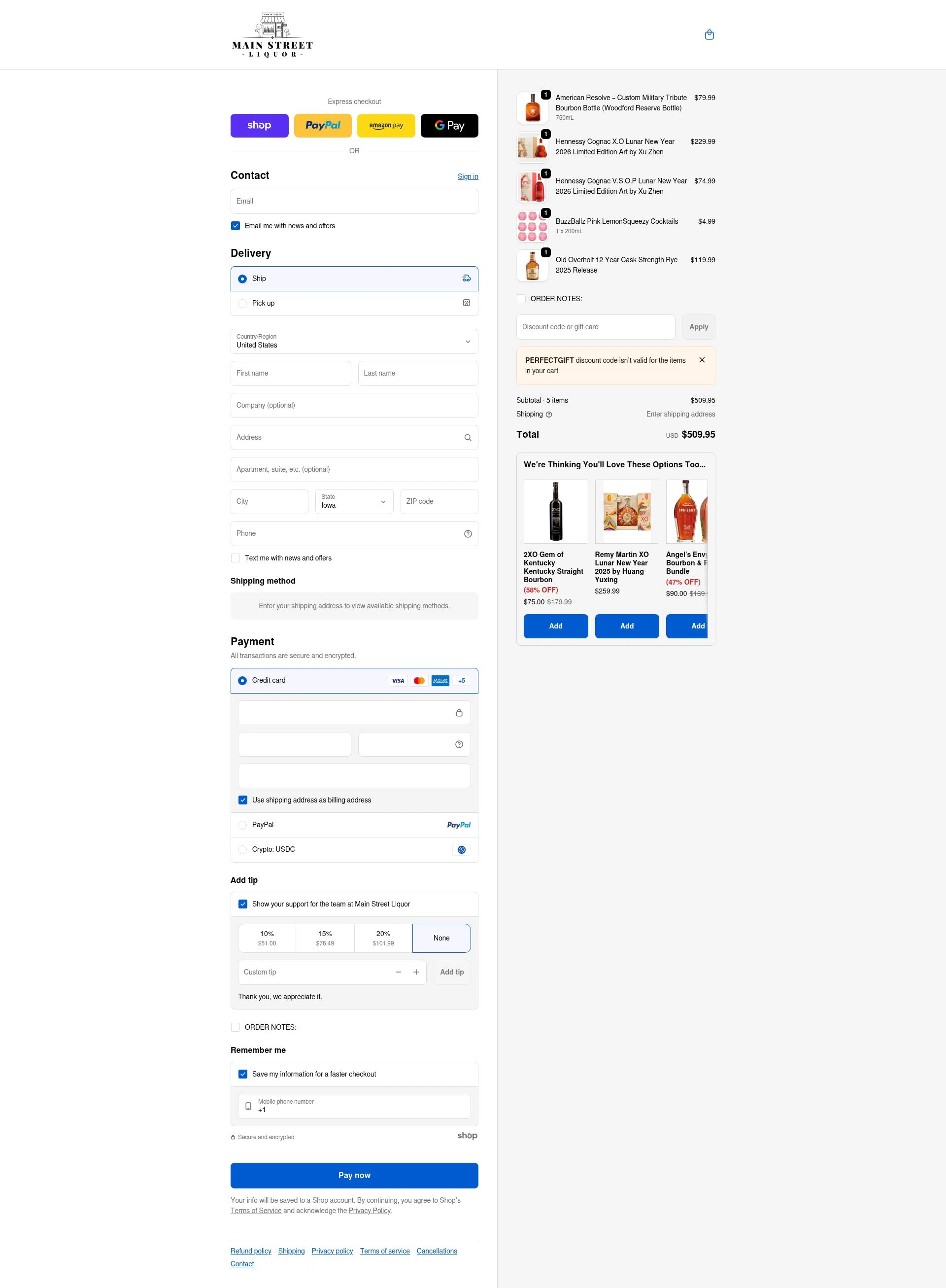 Main Street Liquor checkout page showing Main Street Liquor discount code box | Screenshot taken by SimplyCodes community member on Jan 23, 2026