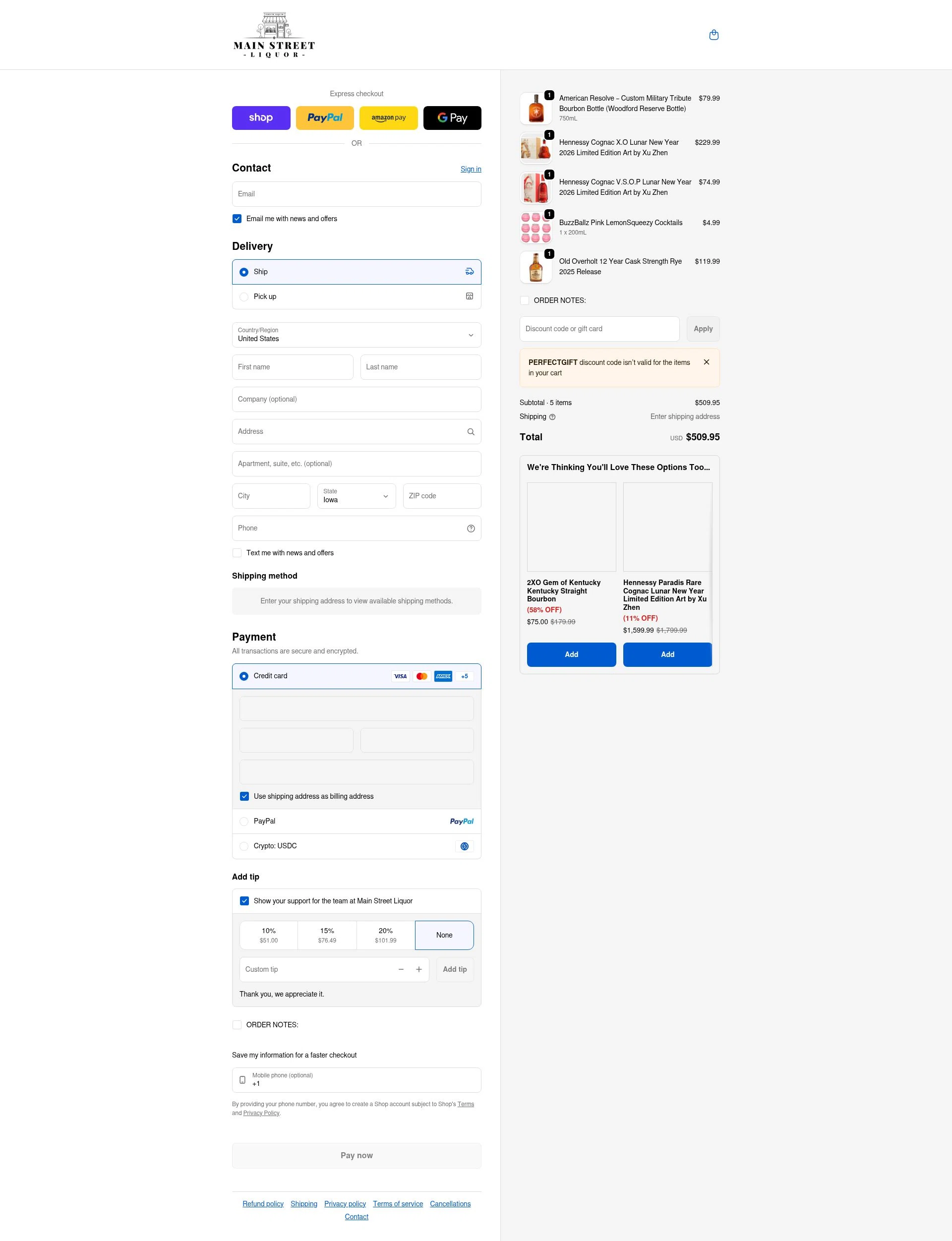 Main Street Liquor checkout page showing Main Street Liquor discount code box | Screenshot taken by SimplyCodes community member on Feb 5, 2026