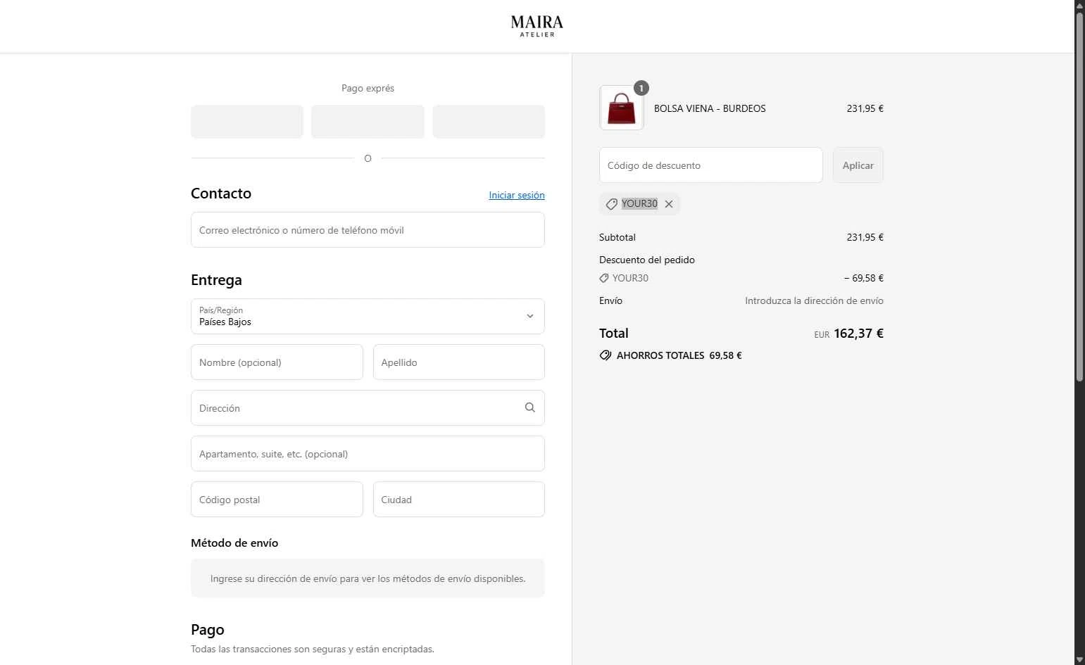 Maira Atelier checkout page showing Maira Atelier promo code box | Screenshot taken by SimplyCodes community member on Sep 7, 2025