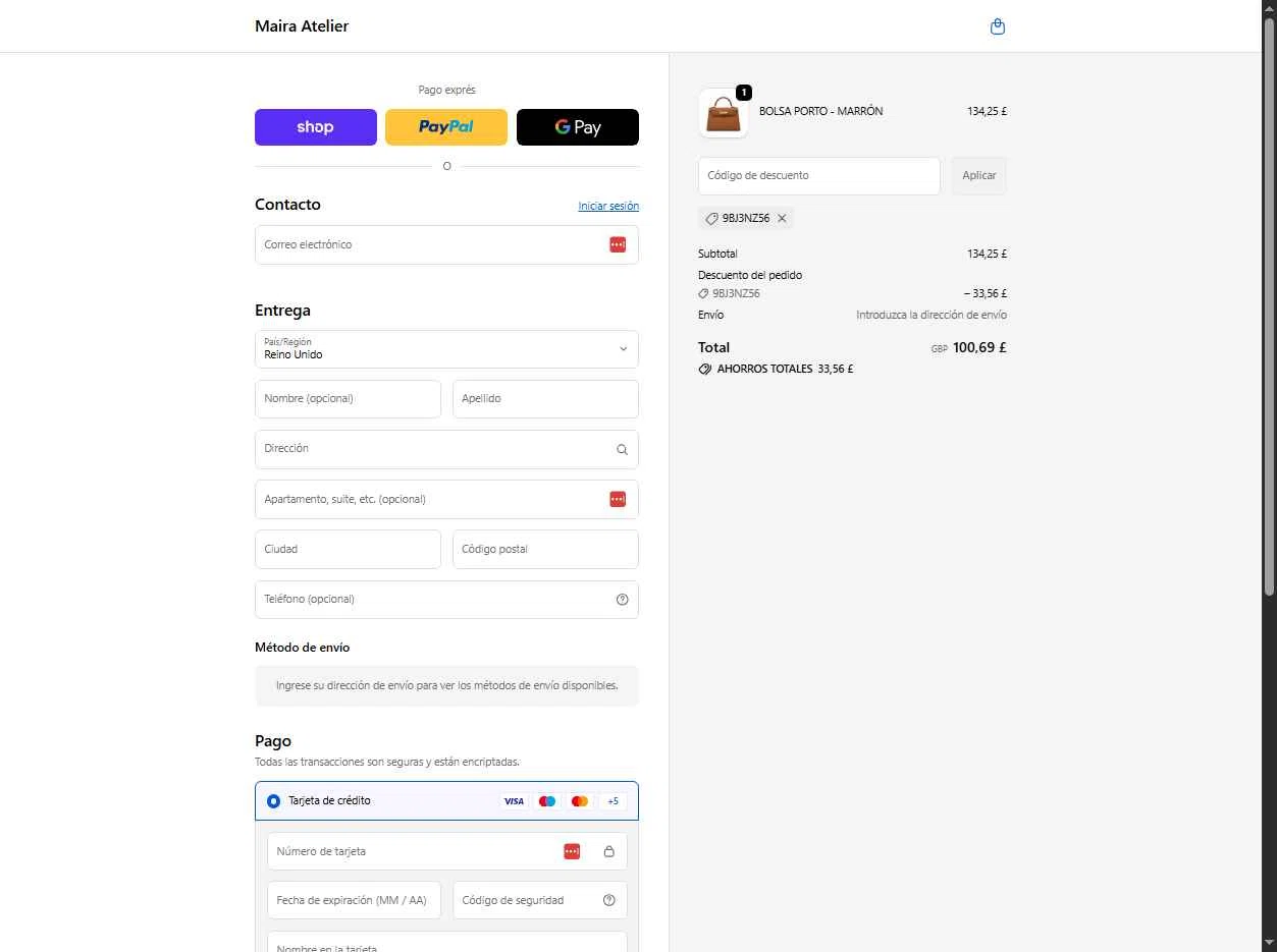 Maira Atelier checkout page showing Maira Atelier promo code box | Screenshot taken by SimplyCodes community member on Oct 28, 2025