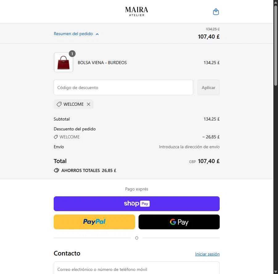 Maira Atelier checkout page showing Maira Atelier promo code box | Screenshot taken by SimplyCodes community member on Aug 26, 2025