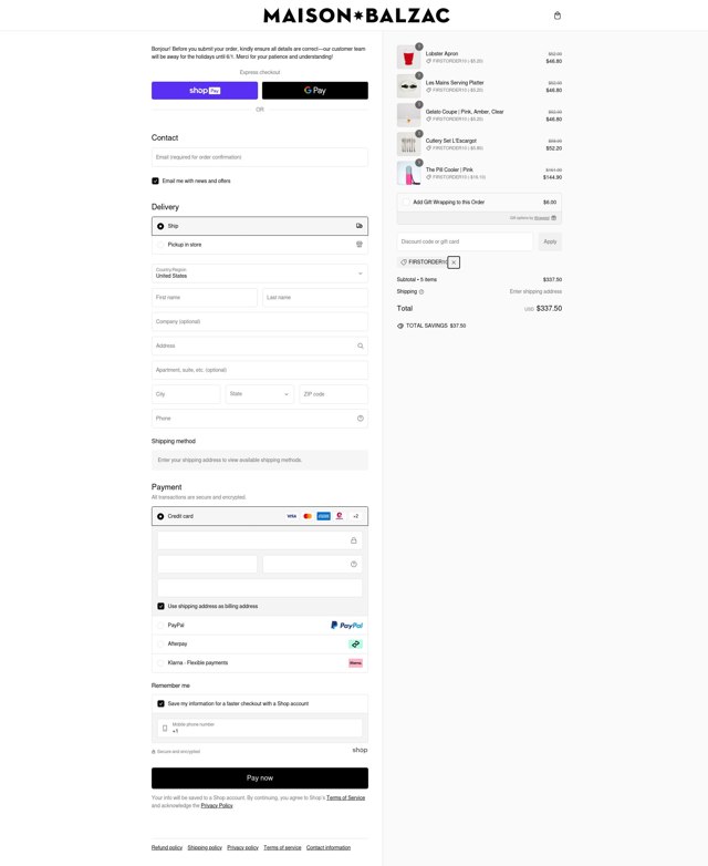 Maison Balzac checkout page showing Maison Balzac discount code box | Screenshot taken by SimplyCodes community member on Jan 5, 2025